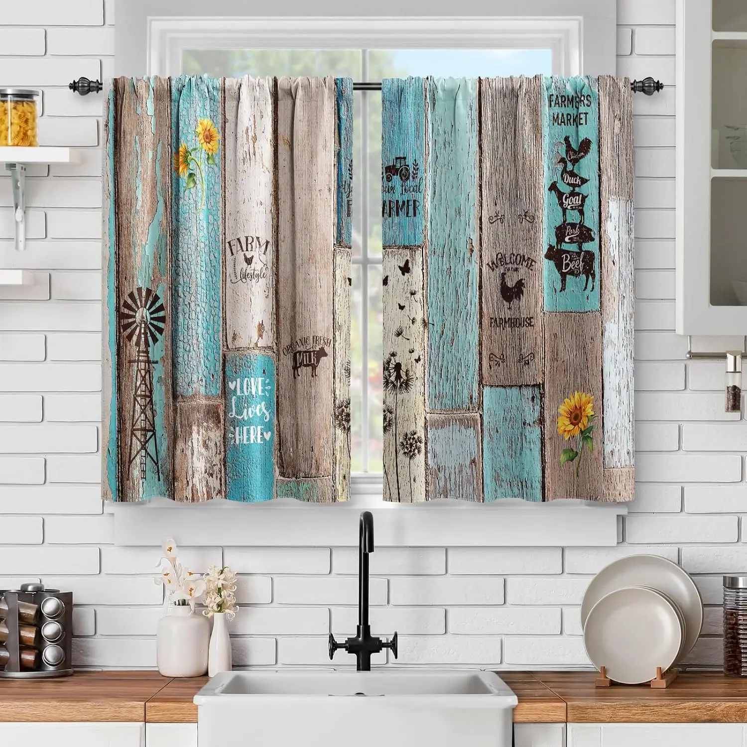 Wooden Barn Door Kitchen Curtains Farmhouse Vintage Plank Striped Short Cafe Curtains Decor for Living Room Tier Curtains for