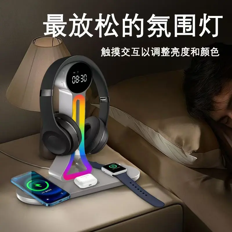 

Ambient luminous earphone holder 3-in-1 wireless charging mobile phone watch earphone desktop wireless fast charging base