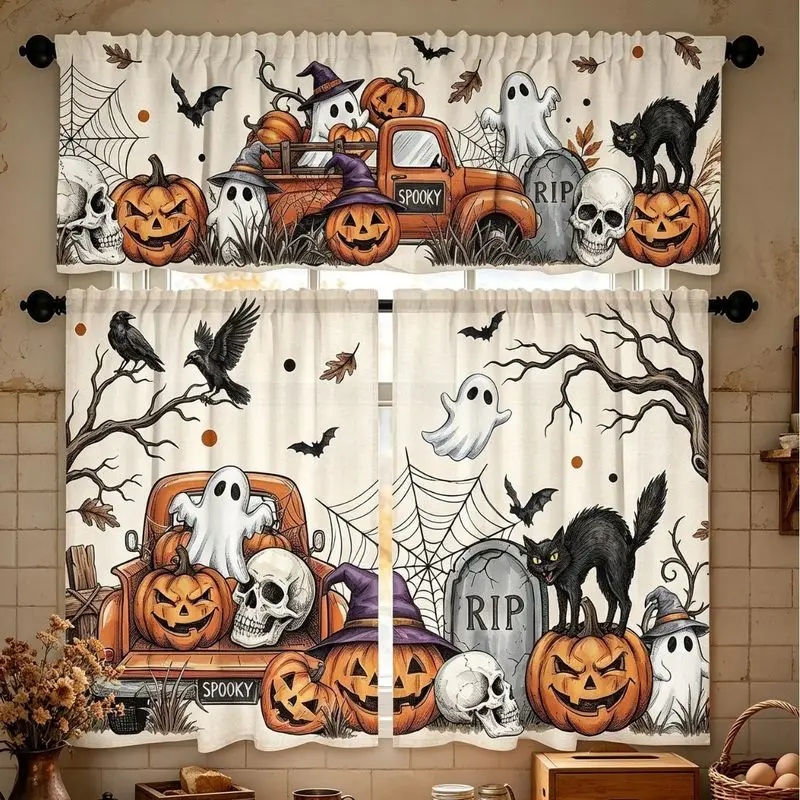 VIKAMA Halloween Kitchen Curtain Set Ghost Truck Pumpkin Skull Black Cat Print Valance Tier For Living Room Bedroom Party Decor