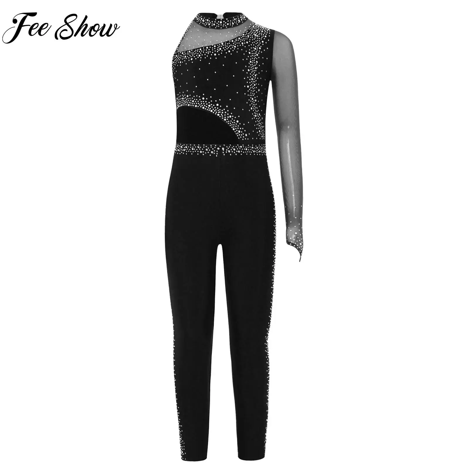

Girls Shiny Rhinestones Gymnastics Figure Skating Acrobatics Unitards Jumpsuit Sheer Mesh Bodysuit Ballerina Performance Costume