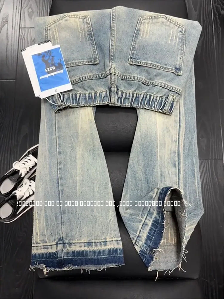 Cleanfit メンズ レトロ アメリカン ストリート Sle ライトニング パターン フレイド ヘム ベル ボット ジーンズ カジュアル 通気性 ルーズ フィット デニム