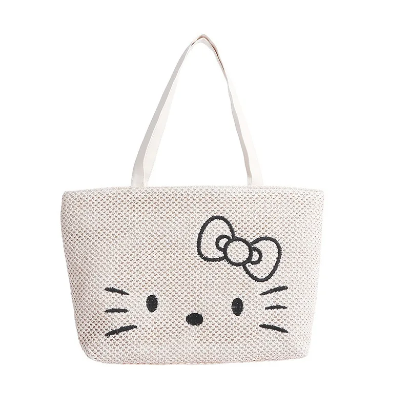 

Sanrio Hello Kitty Straw Woven Shoulder Bag for Women Girl Kawaii Large Capacity Cartoon Tote Portable Environmentally Friendly