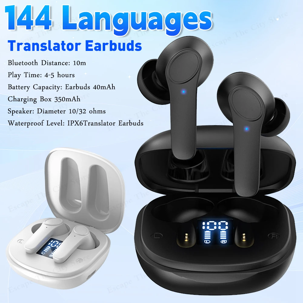 144 Languages Real Time Translator Earbuds Noise Cancelling Wireless BT Translation Earphones IPX6 Waterproof Translator Headset