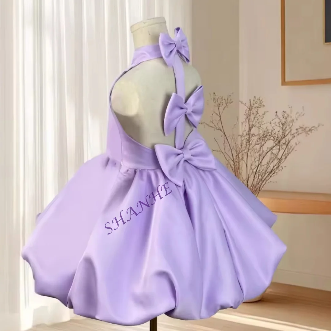 Customized Lavender Flower Girl Dress Halter Bows Princess Birthday Party Pageant Short First Communion Ball Gown Special Occasi