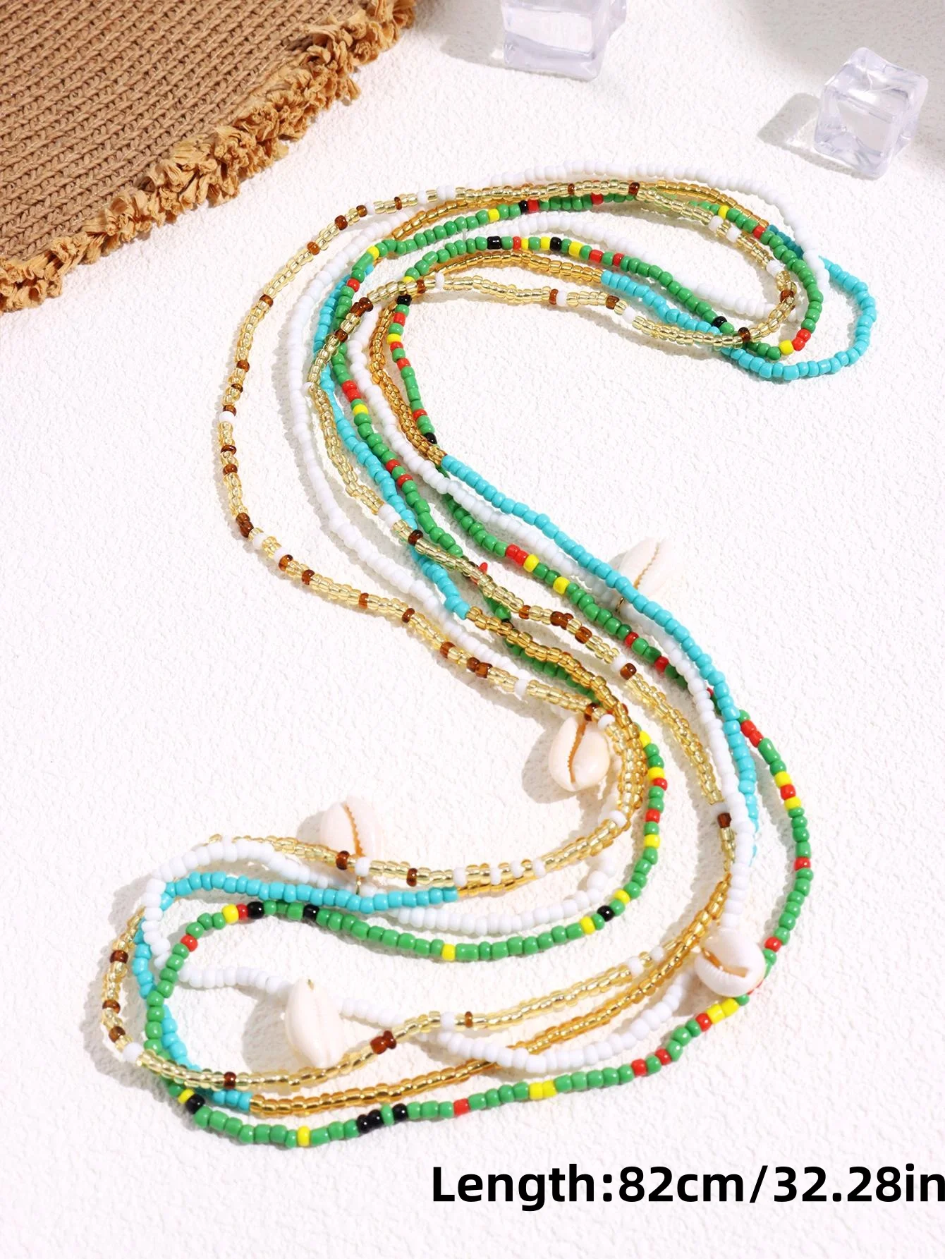 Women's Blue Green Colored Rice Bead Shell Waist Chain