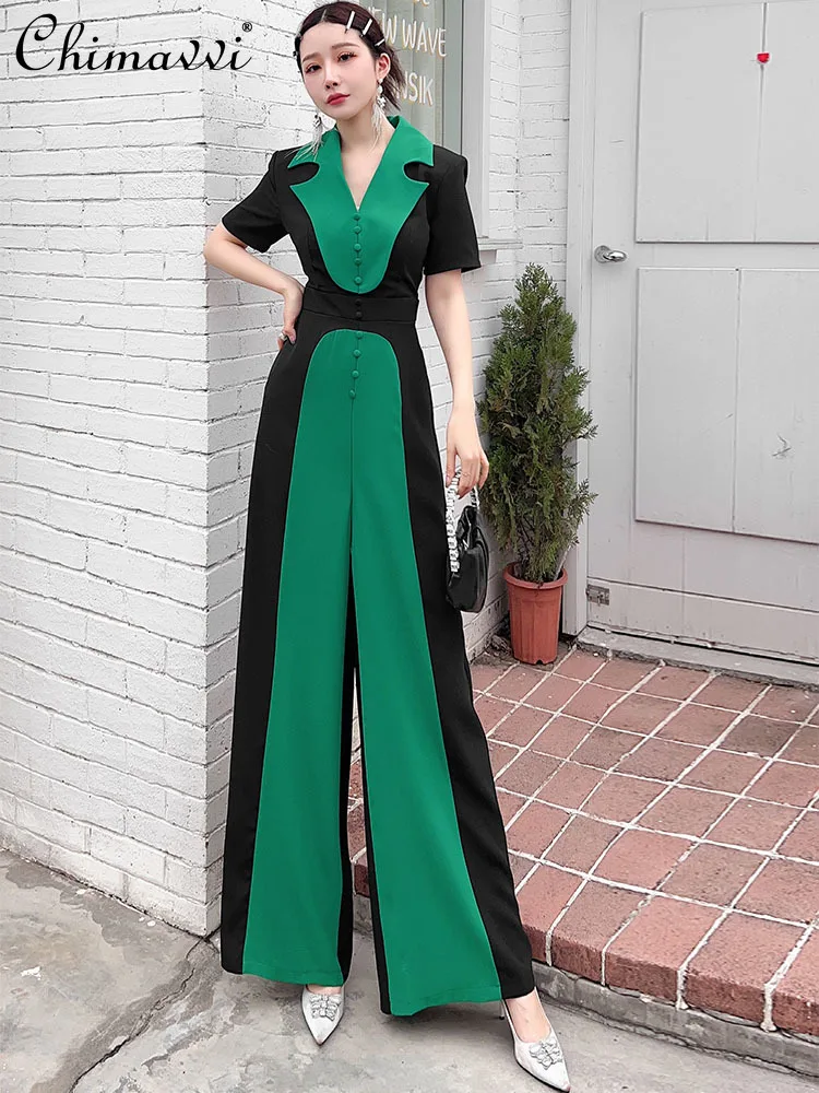 Women's Commuter Wide-Leg Pants High Waist Drooping Slimming Fashion Color Matching Elegant Goddess Style Jumpsuit Summer New