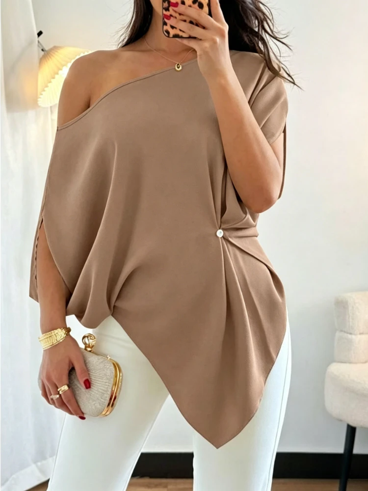 

2026 New Women One Shoulder Blouse Women's T-Shirt Multi Color Batwing Sleeve Asymmetric Hem Loose Casual Tops
