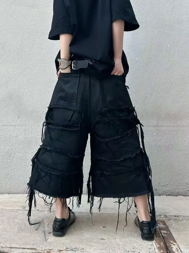 Y2k الأمريكية الرجعية الشرير شرابة الجينز الأسود الرجال والنساء الصيف الاتجاه الجديد موضة الشارع الشهير عادية فضفاض واسعة الساق الجينز