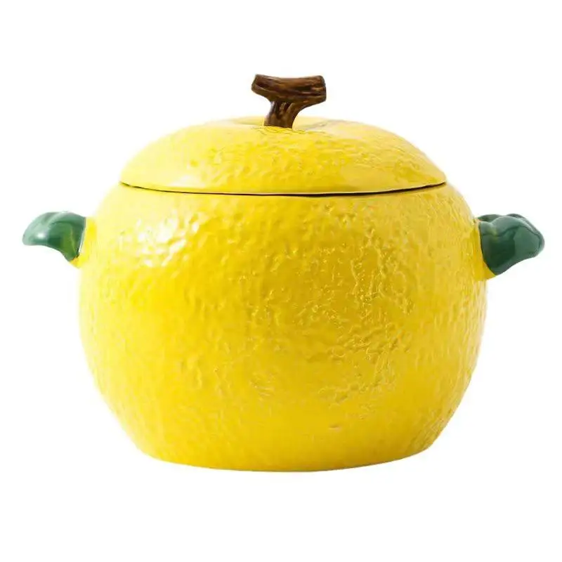 

New 2200ml Yellow Lemon Porcelain Soup Bowl Large Capacity Double Ear Ceramic Soup Pot With Lid Home Restaurant Soup Pot