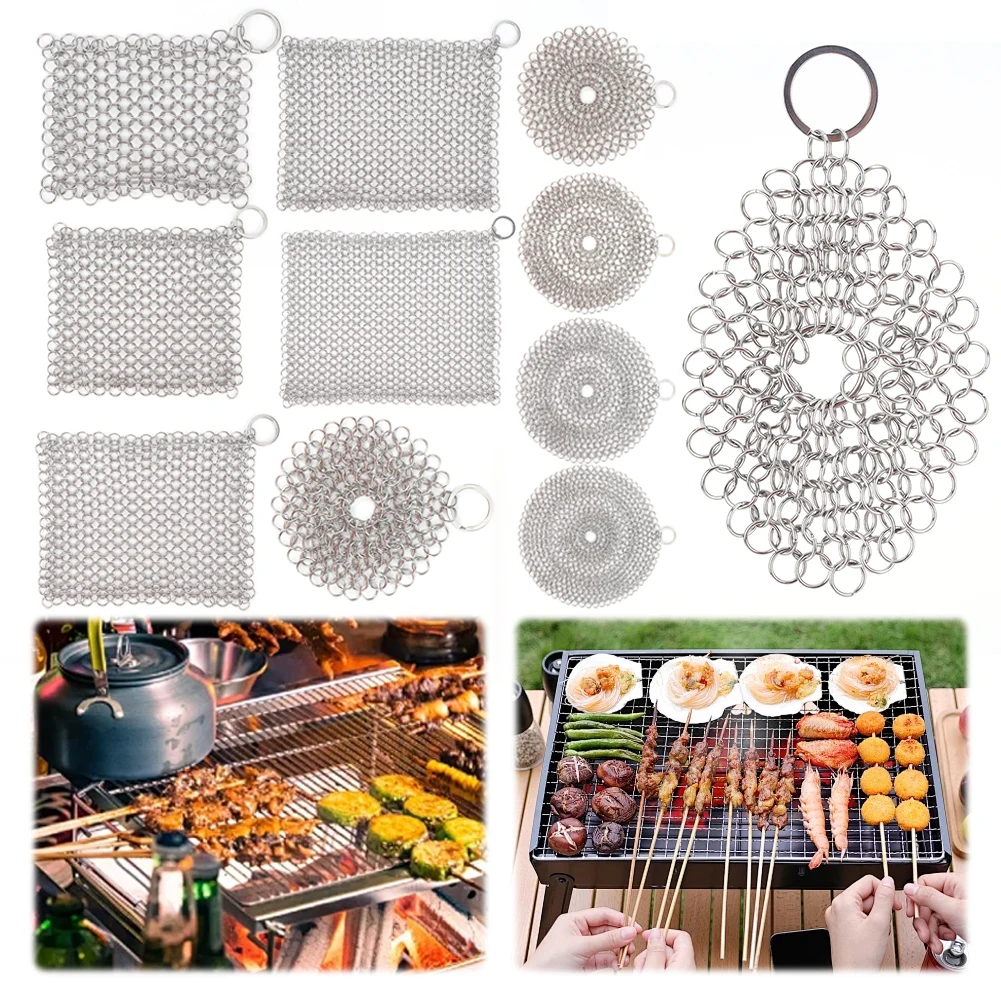 

4-8'' Cast Iron Cleaner with Hanging Ring Cast Iron Scrubber 316 Stainless Steel Cookware Rust Remover Scraper for Cast Iron Pan