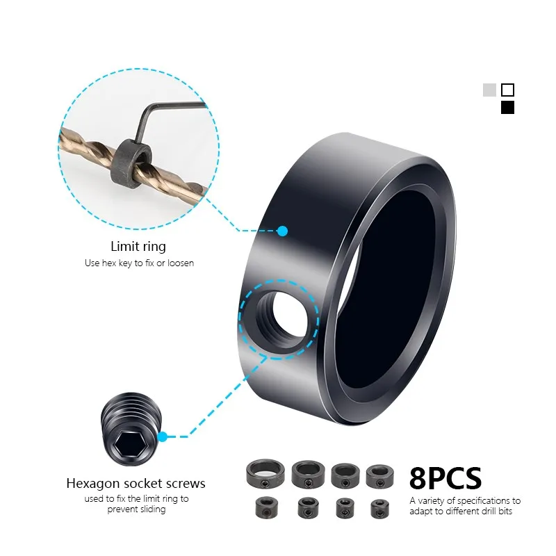 8pcs 3-16mm Woodworking Drill Locator Drill Bit Depth Stop Collars Ring  Positioner Drill Locator Wood Drill Bit