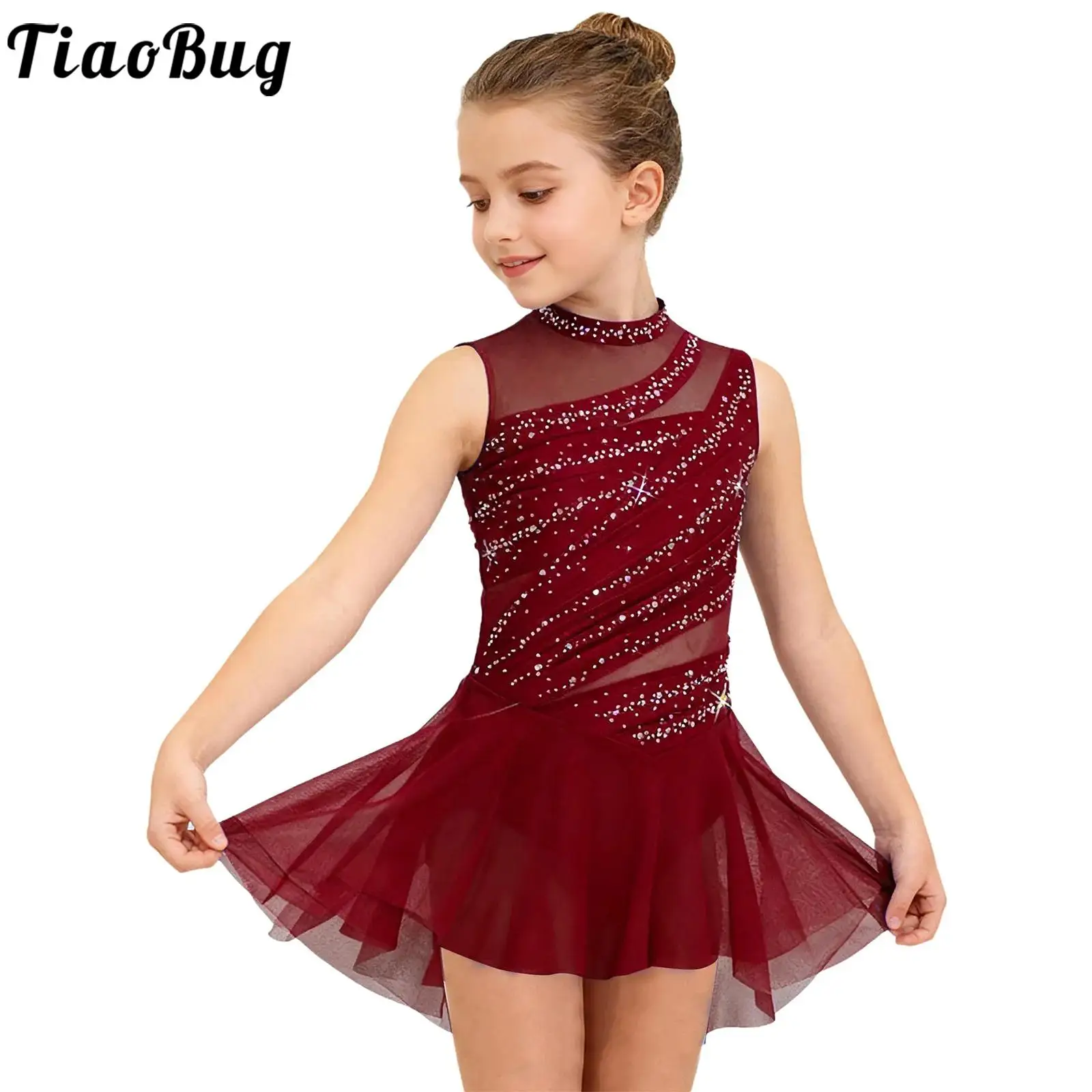 Kids Girls Modern Lyrical Dance Figure Skating Dress Shiny Rhinestone Sleeveless Sheer Mesh Ballet Gymnastics Leotard Dancewear