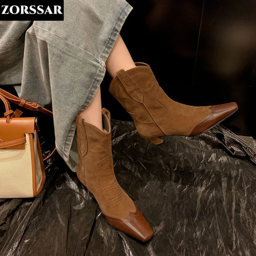 

2024 Autumn Winter Casual Western Cowboy Ankle Boots Paris Fashion Embroidery Suede Leather Woman's Pointed Toe Designer Shoes