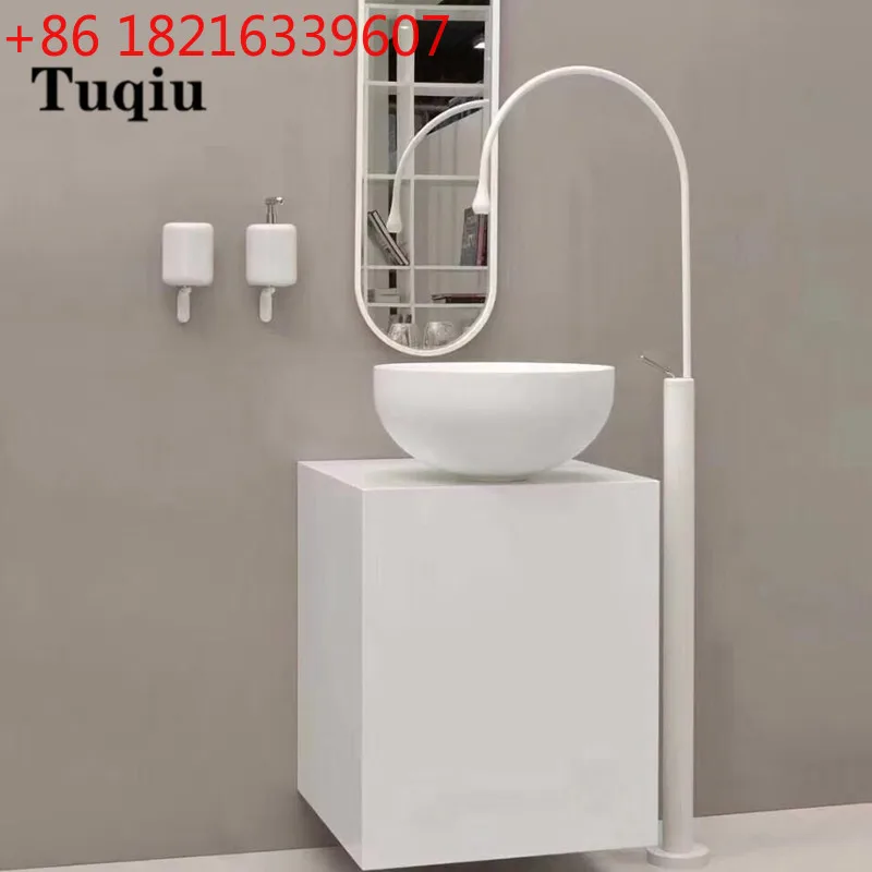YAO White and gold Bathroom basin Faucet Brass Floor Decked Sink Mixer Hot and Cold Tap super long water drop design gold sink t
