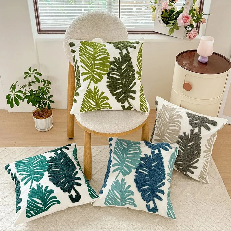 

American 3D Leaf Towel Embroidered Cushion Cover 45x45cm Cotton Canvas Pillow Case Modern Luxury Sofa Decor Vintage Home Accents