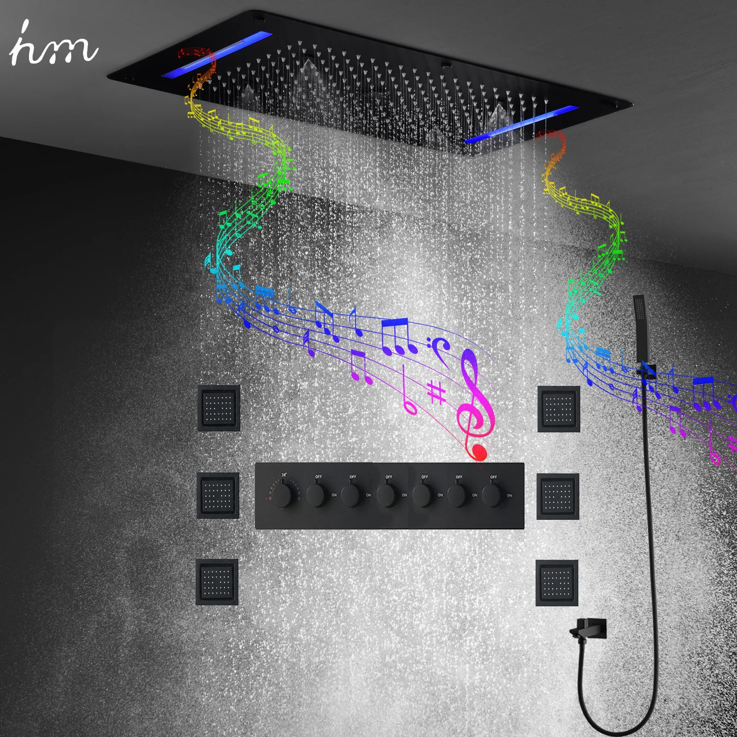 Imagem -02 - Teto Led Shower System Conjunto Misturador Termostático Banho Black Faucets Cachoeira Rainfall Showerhead Painel com Massagem Body Jet hm