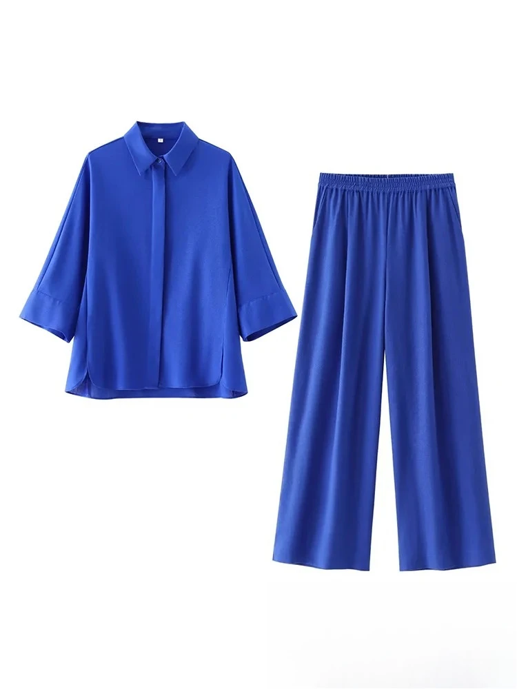 

KONDALA винтажный повседневный однотонный женский костюм, однобортная блузка с отложным воротником, свободные прямые брюки, модные летние комплекты 2024 года