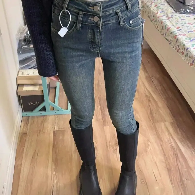 

Прямые облегающие джинсы с высокой талией для женщин, весна-осень 202, новые модные эластичные брюки-карандаш в форме груши