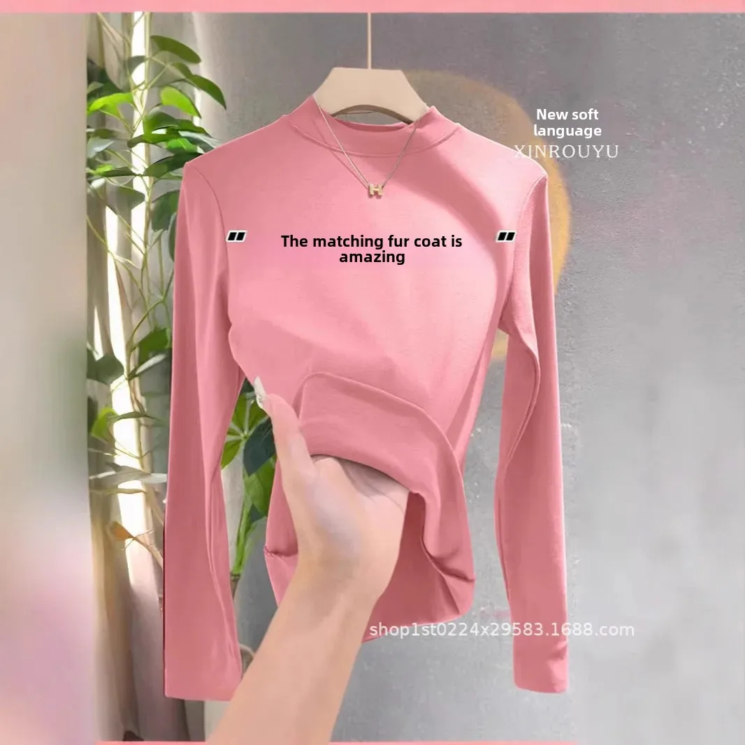 المرأة سميكة طويلة الأكمام قاعدة قميص نصف الياقة العالية على الوجهين المخملية ضيق تي شيرت مجسم الخريف الشتاء نمط جديد #4