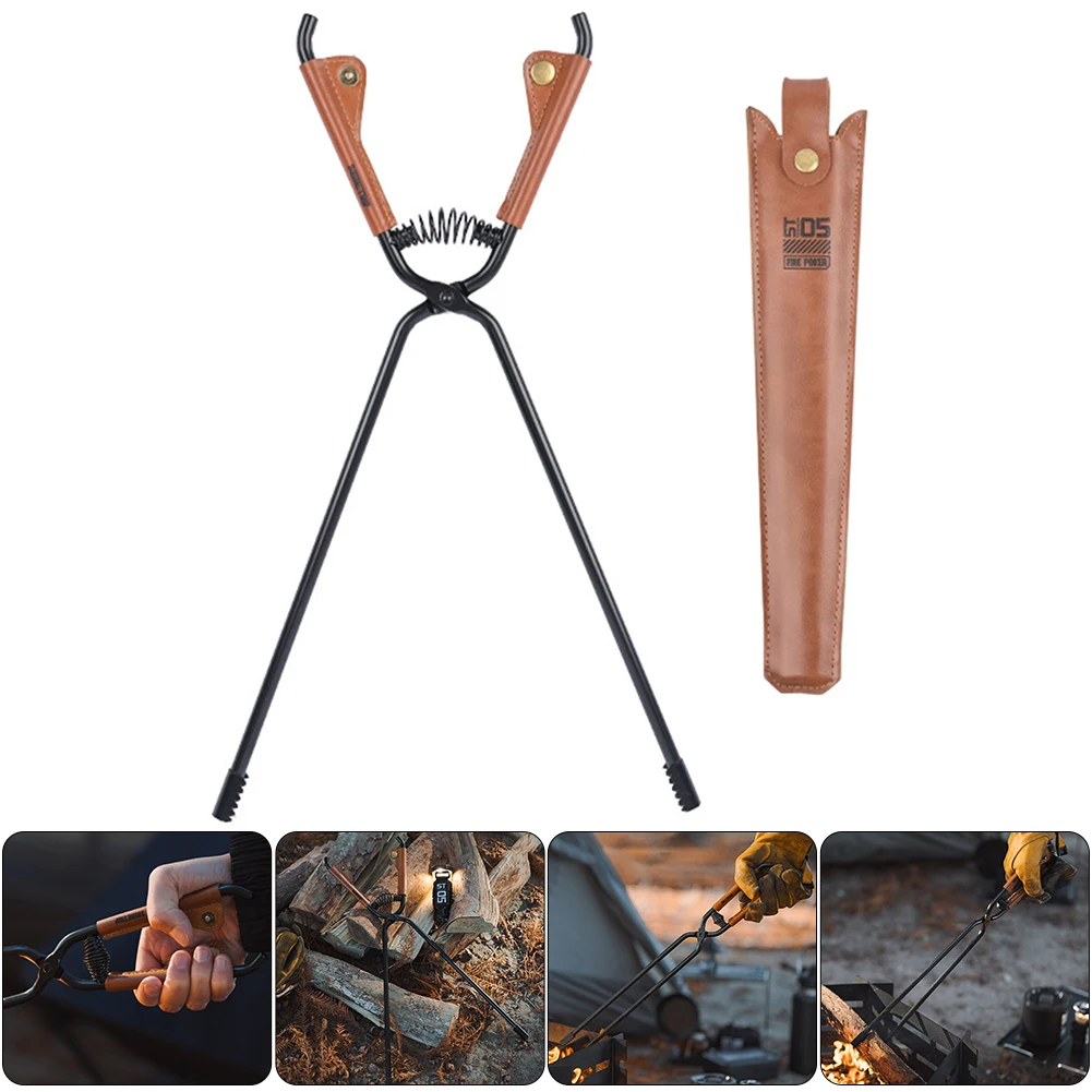 

Camping Fire Poker with Leather Cover Thickened Fire Tongs Lightweight Long Handle Fire Poker Portable Outdoor Camping BBQ Tools