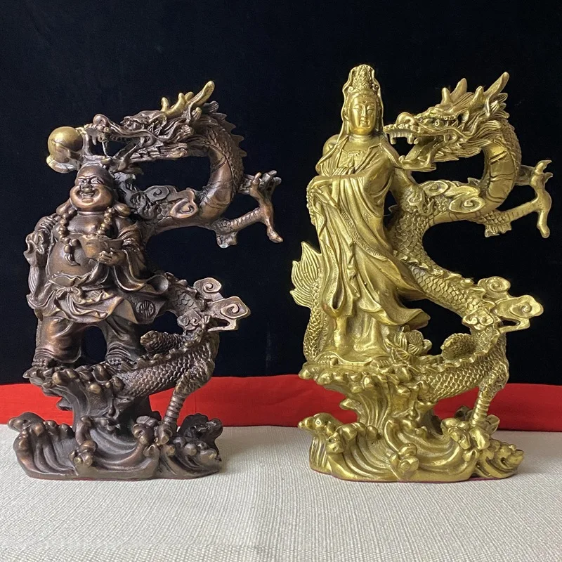 Brass Maitreya Buddha Ornaments Riding a Dragon Big Belly Smiling Buddha Statue Home Living Room and Shop Desktop Copper Crafts