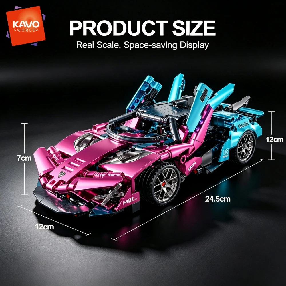 KAVOWORLD 1:18 Scale Electroplated Supercar Mirco Building Blocks Toy High-Tech Gradient Sports Car Blocks Set Exotic Hypercar Vehicle Model Scissor Doors STEM Construction Toy DIY Assembly Desktop Display Collectible Halloween Christmas Birthday Gift