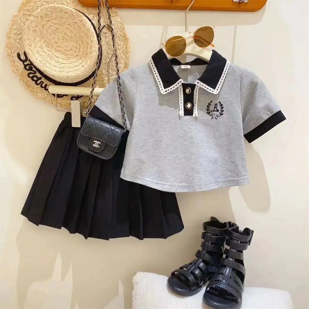 Girls Skirt Suit Summer New Kids Baby Cotton Short Sleeve Round Neck Polo Shirt Pleated Skirt Two-piece Set Girl Clothing Set