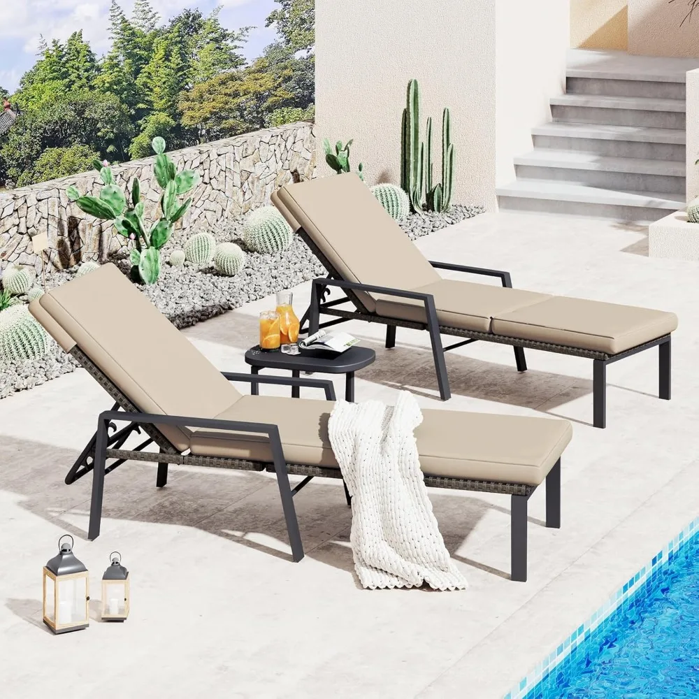 

Chaise Lounge Chairs for Outside Set of 2, Adjustable Wicker PE Rattan Patio Pool Recliner Chair with Removable Cushion for Bea