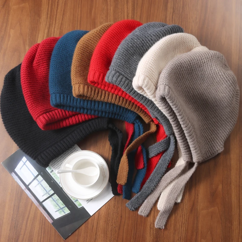 Autumn And Winter Wool New Cashmere Lace-Up Hat Wool Hat Thick Knit Warm Joker Baotou Ear Protection