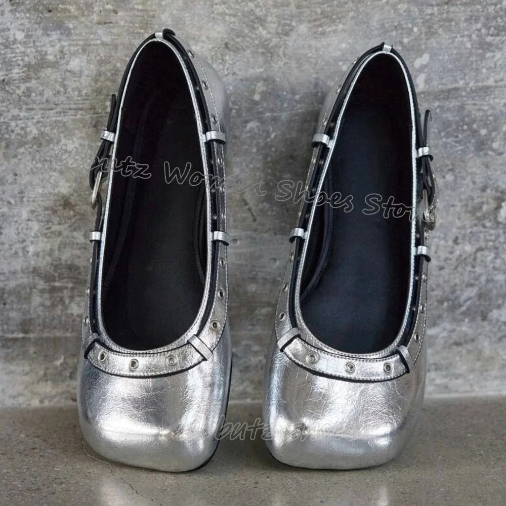 

Rivets Belt Buckle Ballet Pumps Genuine Leather Solid Color Slip-On Fashion Concise Luxury Women Shoes New Square Toe Flat With