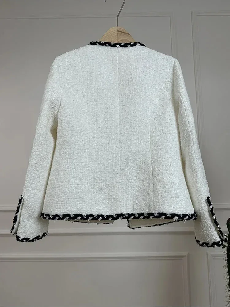 Fashion Elegant Rhinestone Patchwork Lace Trim Tweed Jacket Women's Short Coat Commute Style Long Sleeve Button Office Ladies