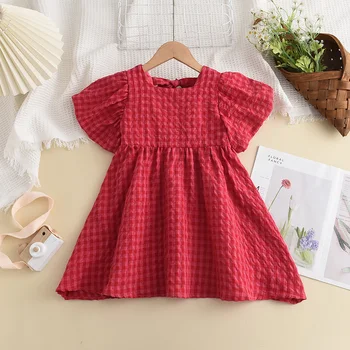 Red Plaid Bow Dress 2 Bear Leader Summer Red Plaid Bow Dresses Elegant Lolita Child Baby Girl Midi Dress Children Dresses Girl Party Princess Sundress 2