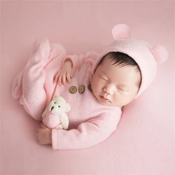 3Pcs/Set Newborn Baby Photography Clothing Set Solid Color Overalls Knit Bear Romper Jumpsuit Hat Bear Doll Photo Props Costume