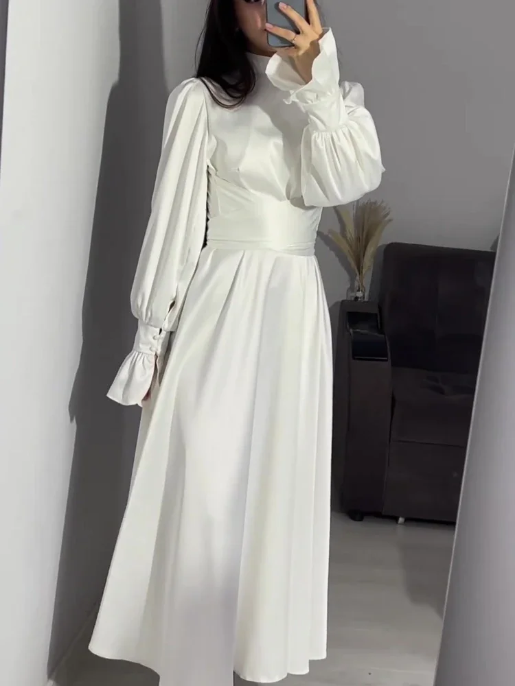 Eid Satin Party Dress for Women Abaya Flare Sleeve Vestidos Largos Dresses Ramadan Lace-up Islam Largo Dubai Arab Long Robe 2024