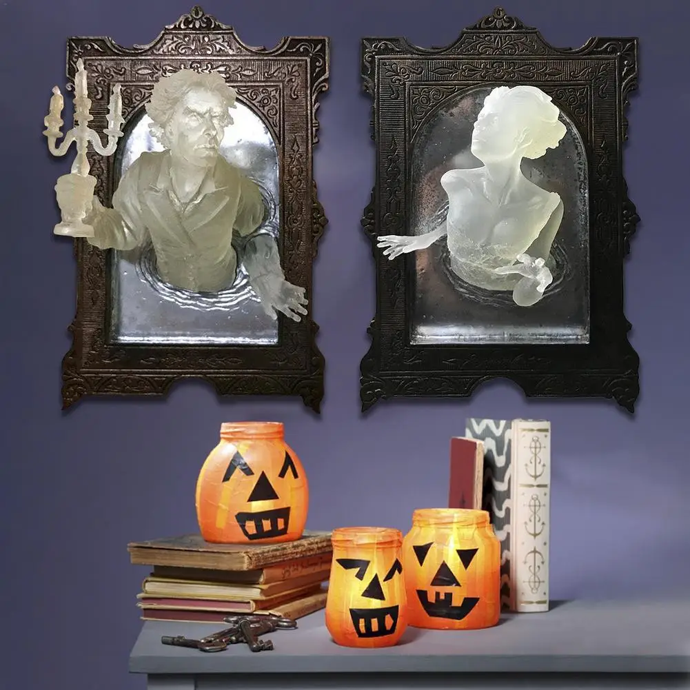 Imagem -02 - Gótico 3d Fantasma no Espelho Halloween Resina Luminosa Quadro Ornamentos de Halloween Parede Pendurado Quadro para Sala Decoração Casa