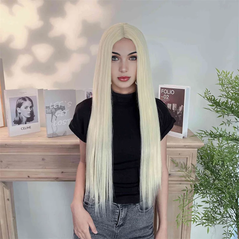 Light Gold Simulated Front Lace Long Straight Hair Women'S Wig Outdoor Travel High Temperature Silk Head-Wearing Synthetic Wig