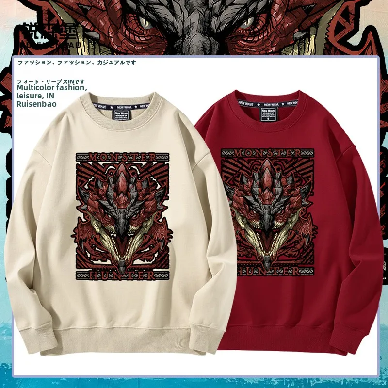 

Monster World Classic Cover rannical Fire Dragon Men's round Ne Sweatirt Autumn Winter Casual Cotton Polyester