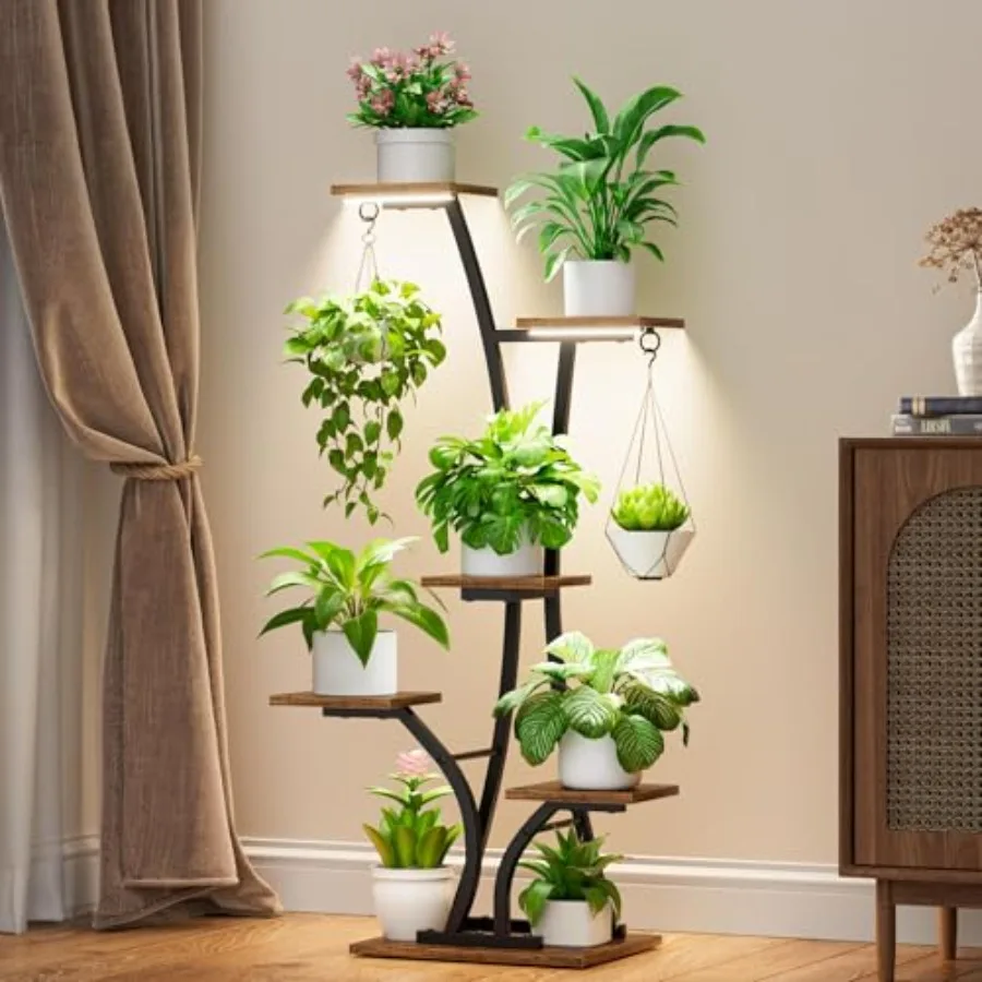 

Plant Stand with Grow Light for Indoor Plants 6 Tiered Metal Plant Shelf 45" Indoor Plant Rack with 7 Shelves and 2 Hooks Moder