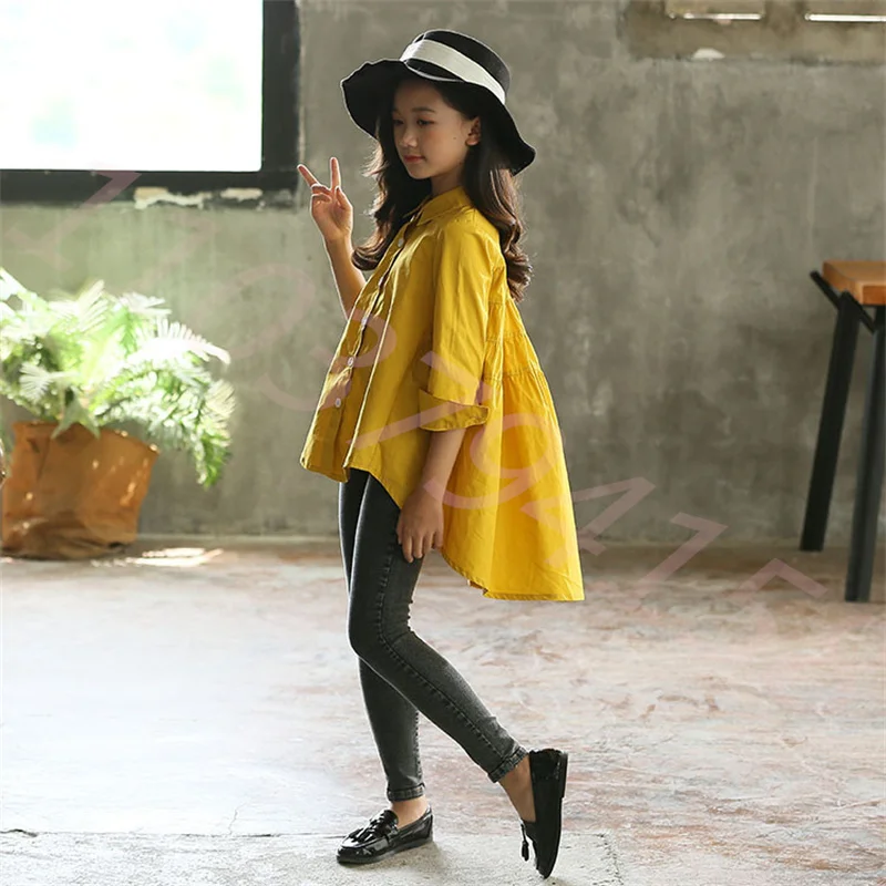 New Korean Kids Shirts Teenagers Sprng Tops Long Shirts for Teenage Girls 2025 Teen White Yellow Blouse 10 12 14 Years Clothes