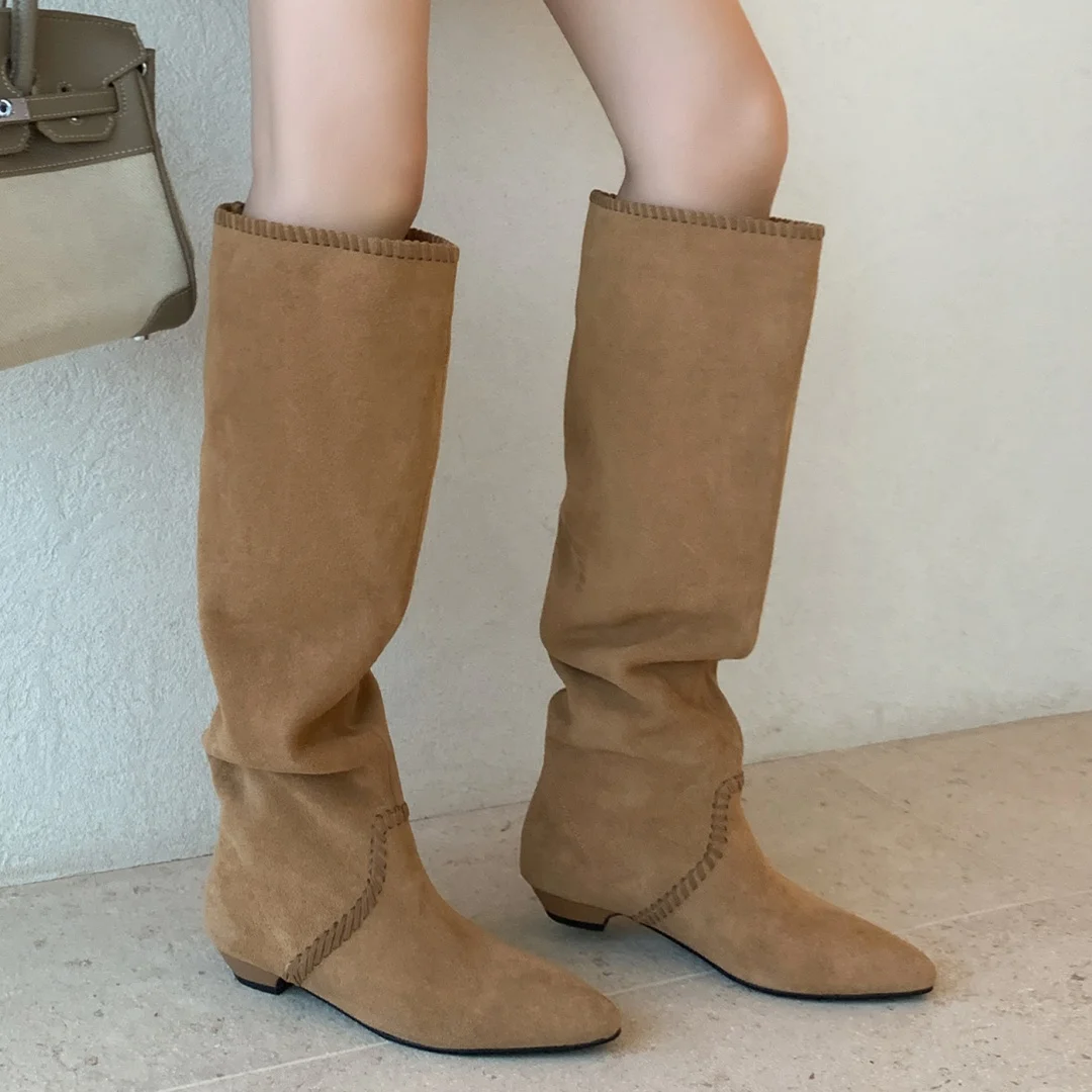 

Women's natural suede leather pointed toe slip-on autumn knee high boots 2cm kitten heel elegant ladies long boots shoes woman