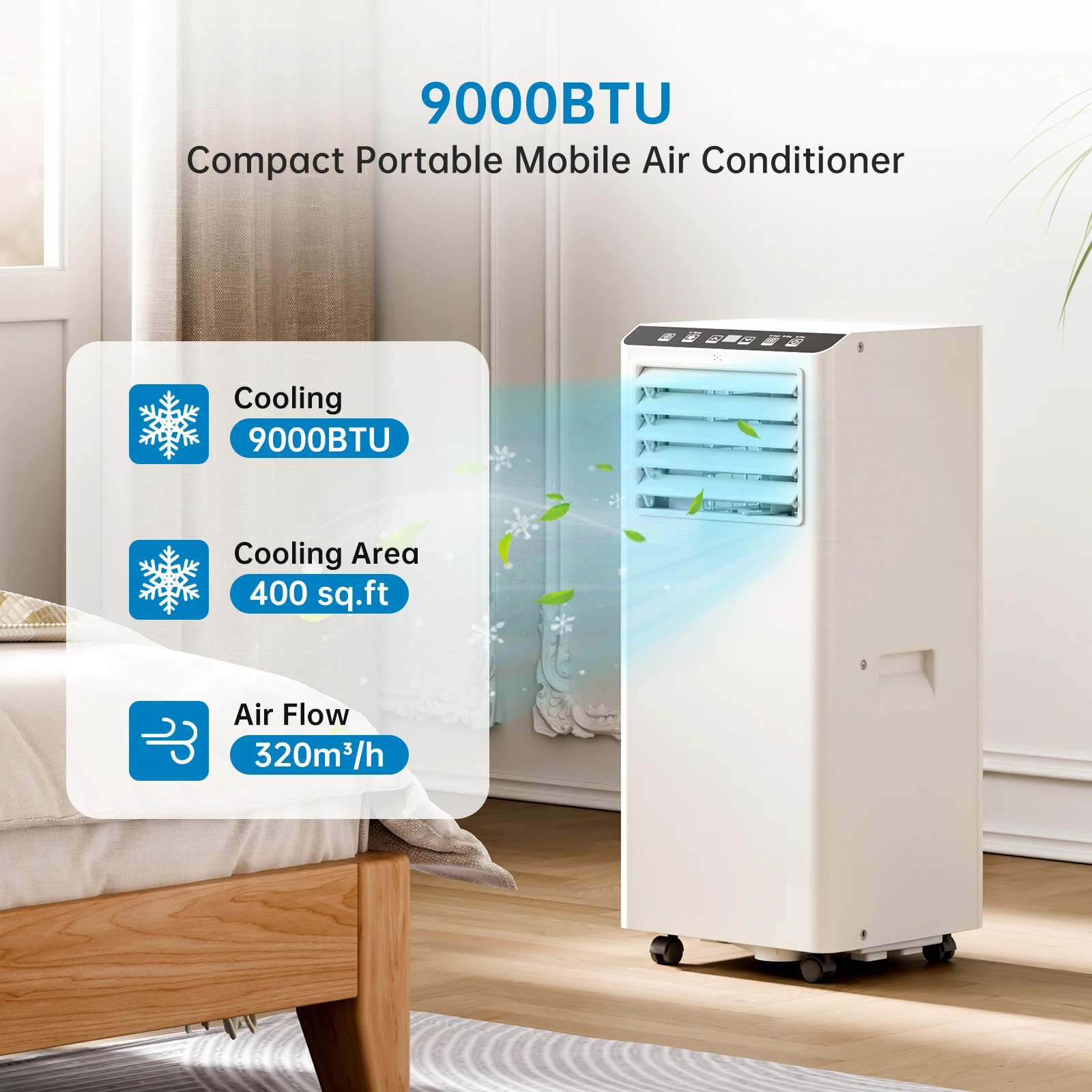 Climatiseur Portable Silence 9000 BTU 3 en 1, refroidissement, déshumidification, ventilateur à 2 vitesses, minuterie 24H, télécommande, climatisation Mobile