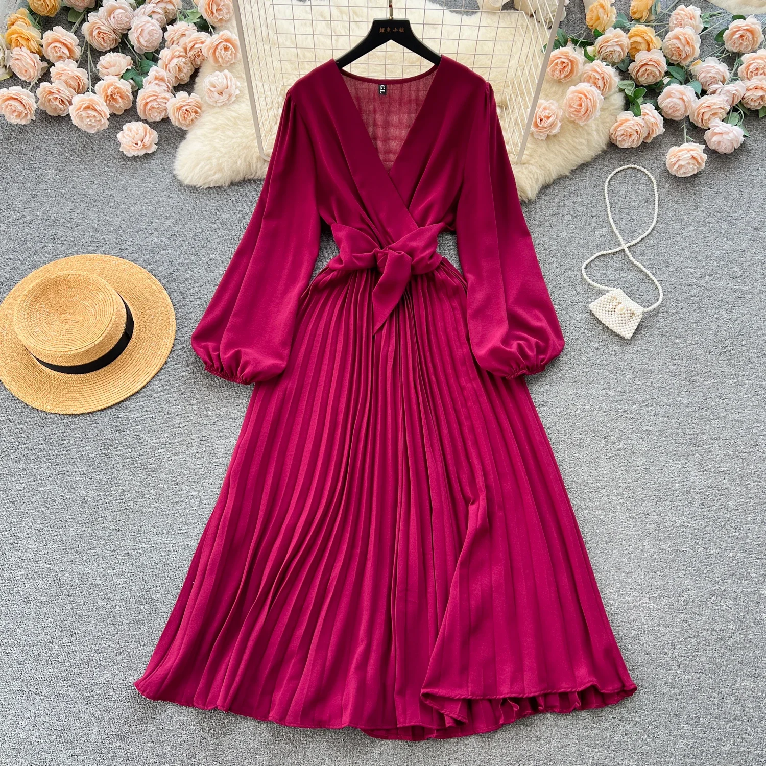 Damen laterne lang ärmel iger V-Ausschnitt lose A-Linie plissiert elegantes Kleid vestidos y2k süßer koreanischer Frühling Herbst