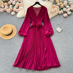 Women's Lantern Long Sleeved V-neck Loose A-line Pleated Elegant Dress Vestidos Y2k Sweet Korean Spring Autumn 2024