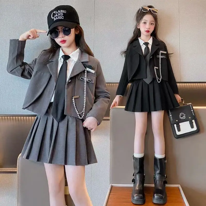 Girl JK School Uniform Set Unique Formal Chain Smart Jackets and Pleated Skirt 2Pcs School Kids Child Uniform Blazer Suit