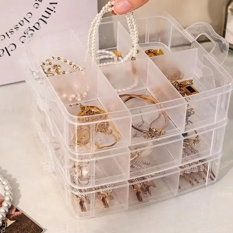 Stackable Organizer Box With Dividers 3-Tier Clear Craft Storage Container for Art Supplies Sewing Accessories