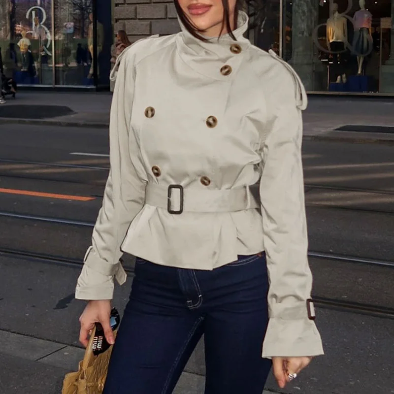 

Autumn Winter New Stand Collar Waist-Cinching Windproof Short Coat Women with Design Sense and Casual Commuting Style
