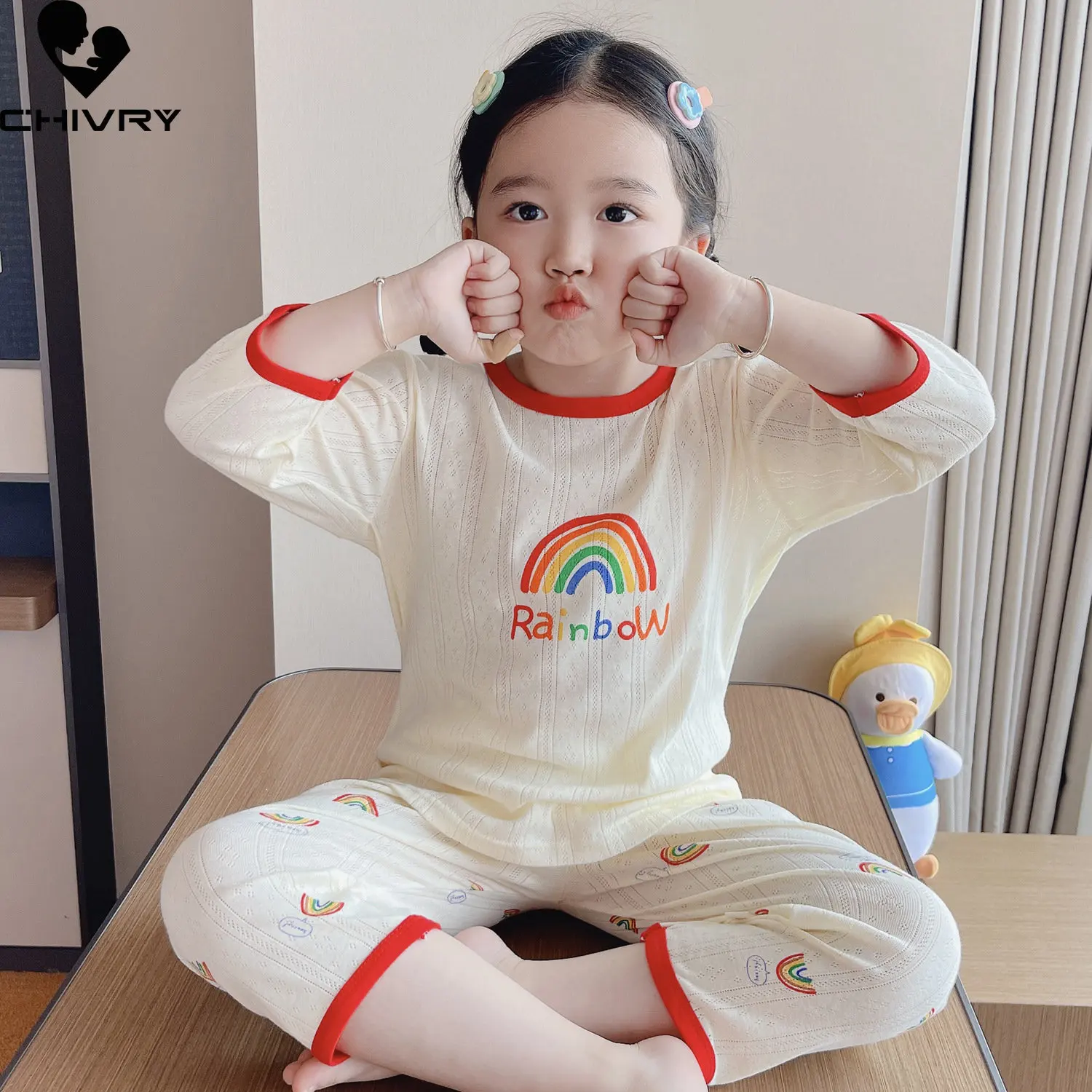 

New Kids Boys Summer Pajamas Cartoon Three-quarter Sleeve O-Neck Cute T-Shirt Tops with Pants Baby Girls Sleepwear Clothing Sets