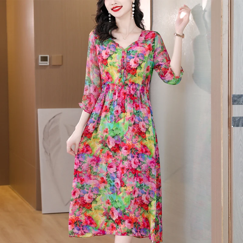 

2023 New Elegant Versatile Silk Printed Dress Women's Summer Fashion Silk Loose Fit Casual V-neck Holiday Dress Vestidos