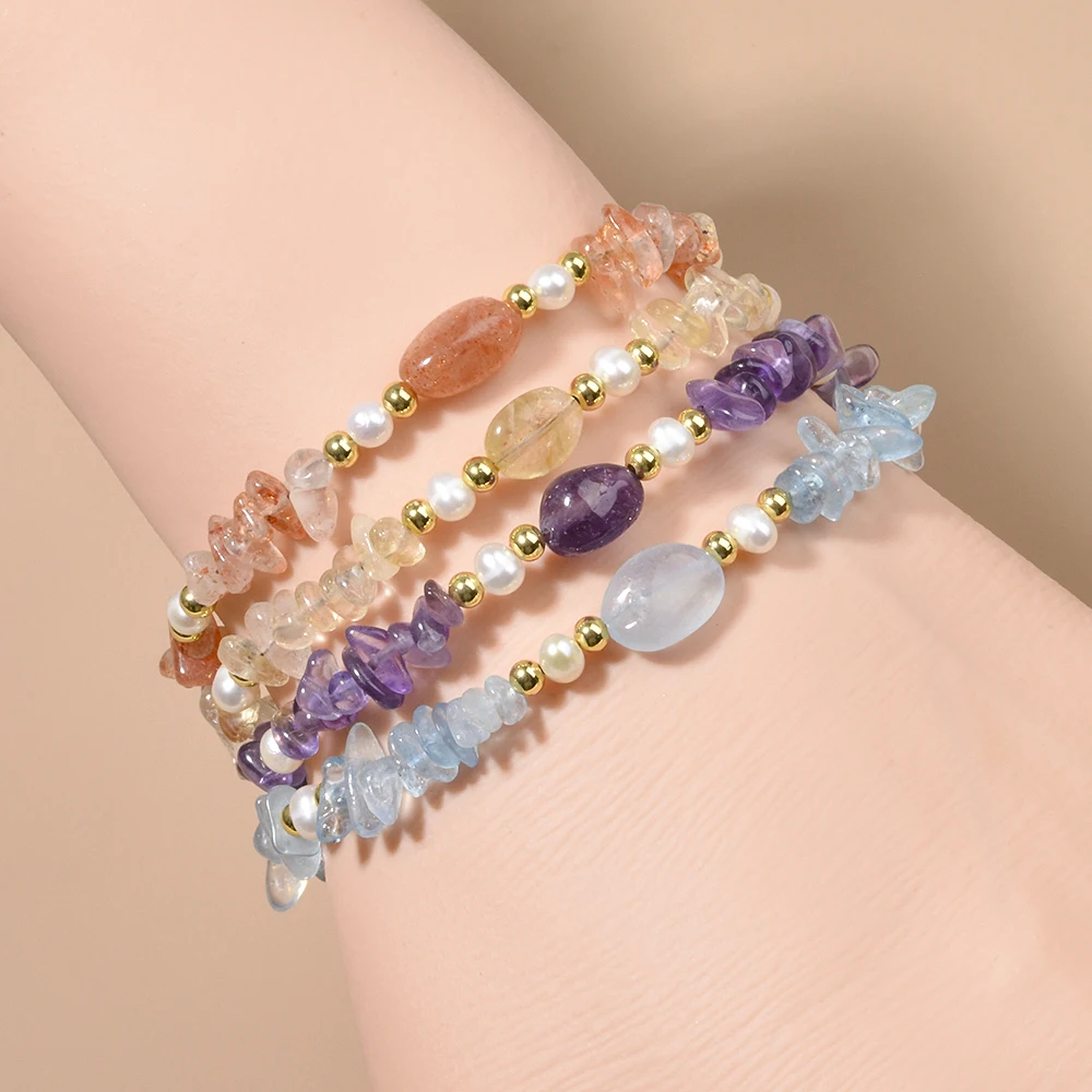 Exquisite Natural Stone Sunstone Citrine Chip and Freshwater Pearl Bracel Adjustable Bracelet Birthday Holiday Gift for Women
