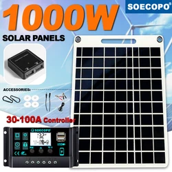 1000W Solar Panel Kit with100A Smart Controller Portable Mono for Home RV Camping Includes Hooks Cables & Alligator Clips